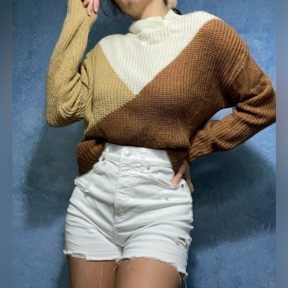 shein colorblock tan white sweater